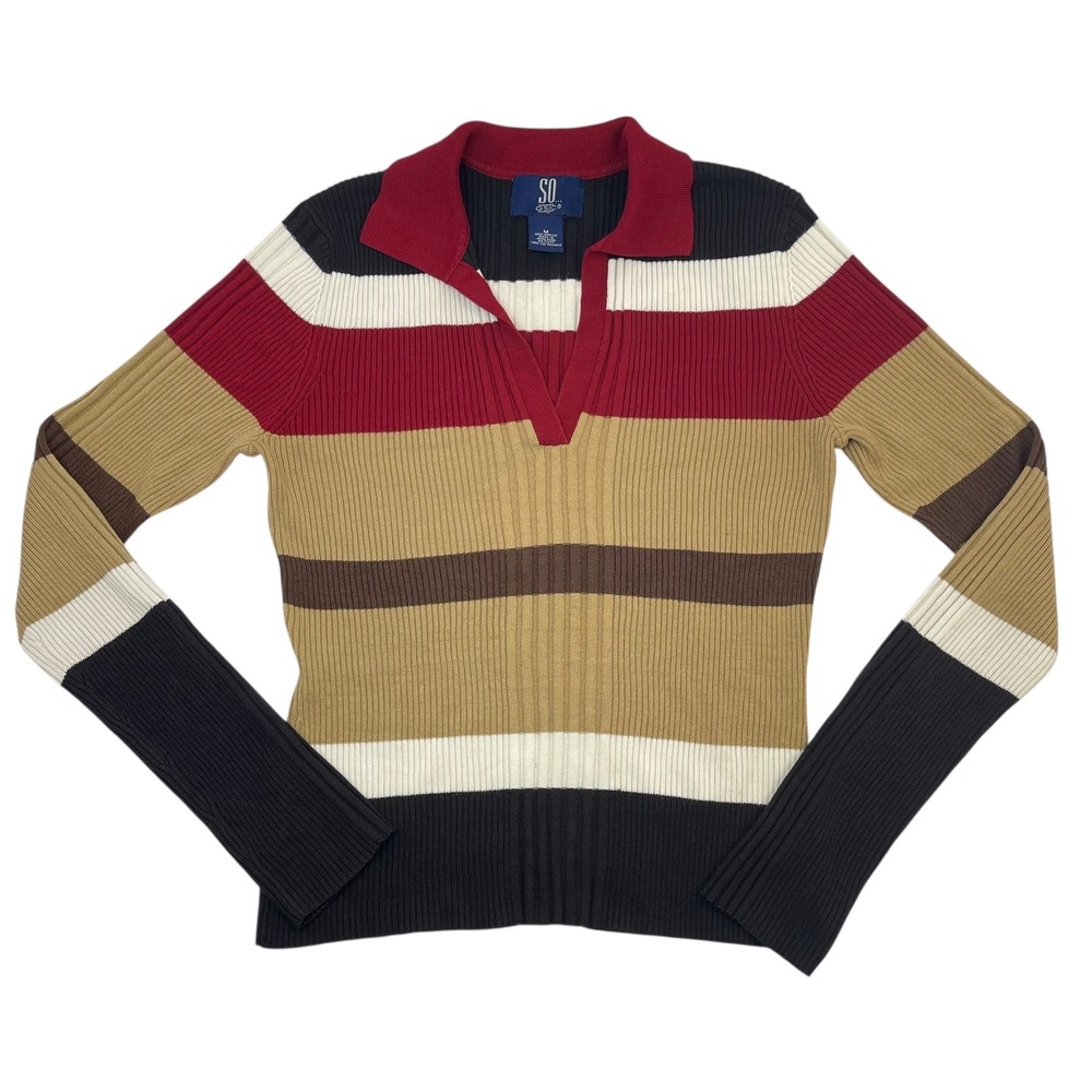 Y2K VTG Women's Collared Long Sleeve Sweater Top‎ Sz M Colorblock Tight USA Made